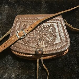 Vintage tooled Brown Embossed Leather Crossbody Bag
